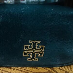 Tory Burch Black Leather Shoulder Bag with Gold Emblem
